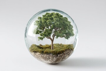 A miniature tree in a glass sphere sits on a white background, showcasing nature's preservation