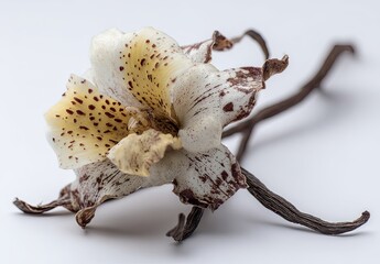 Close-up of a spotted flower and vanilla beans on a stark white surface
