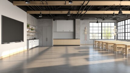 Modern spacious classroom interior with large windows, minimalist design, wooden furniture, and educational resources for teaching