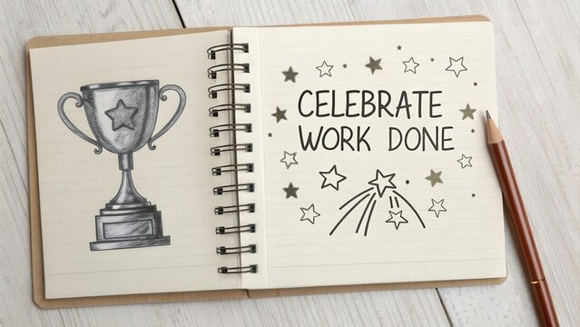 Inspirational notebook with trophy illustration and motivational text to celebrate achievements and the completion of tasks