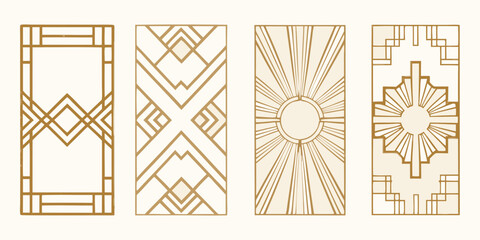 Collection of four art deco geometric decorative panels with golden lines on cream background