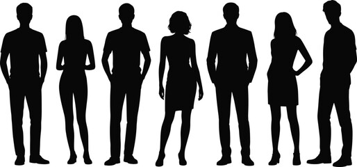 Silhouette of diverse men and women standing together, full body outline, casual and formal posture, fashion model figures, isolated illustration