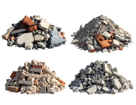 Four piles of construction debris