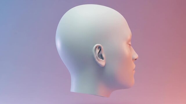 Minimalist 3D render of a human head from behind, soft pastel background.