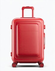 A vibrant red travel suitcase stands centered, wheels and handle visible, isolated on a white background