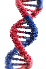A close-up depiction of a detailed DNA double helix in red and blue against a white background