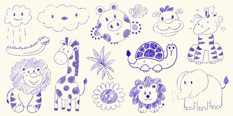 Cute hand drawn purple safari animals and clouds collection for kids