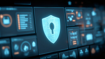 A shield with a keyhole on a control interface, showing real time security dashboards and analytics, conveying centralized monitoring and governance of cyber risk.
