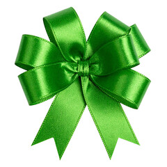 Cut out image of silk ribbon bow for gift box, decor. Elegant festive green bow made of satin glossy ribbon.	
