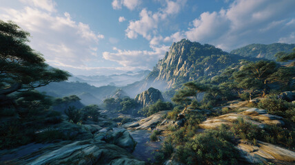 Dramatic Mountain Landscape with River Valley and Sunlight