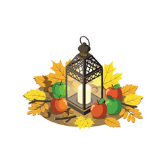 Autumn lantern with apples and leaves arrangement for fall season decoration.