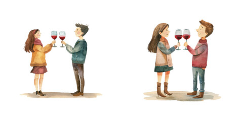 couple cheers red wine watercolor vector illustration