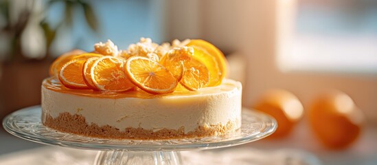 A round dessert with orange slices on a glass plate, lit by sunlight