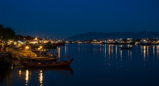 Nighttime waterfront scene with boats lights and reflections on calm water