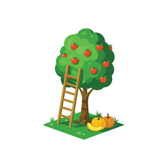 Cartoon apple tree with red apples and a wooden ladder.