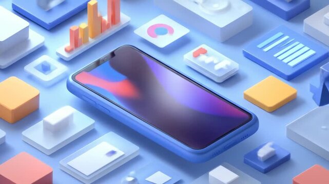 Vibrant smartphone display surrounded by abstract 3D blocks, charts, and data elements on a blue background - Powered by Adobe