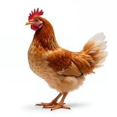 Fototapeta premium Brown hen with red comb and yellow beak standing chicken poultry