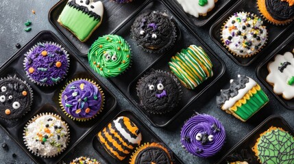 Festive Halloween Cupcakes Decorated with Spider, Ghost, and Pumpkin Designs in Black, Orange, Green, and Purple Colors