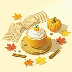 Cozy autumn scene featuring a warm pumpkin spice latte.
