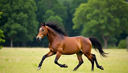 Fototapeta premium Brown horse galloping through a grassy field with trees in the background black mane black tail
