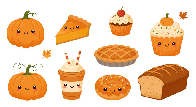 cute autumn treats illustration pumpkins pies cupcakes and a pumpkin spice latte perfect for fall-themed designs and seasonal promotions