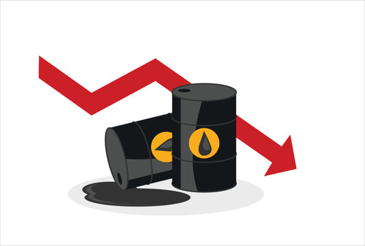 icon oil concept falling oil prices, risk loss crude stocks due price crisis, prices sharpen losses, pile spilled crude barrels with falling graph