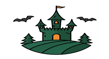halloween castle on a hill with bats flying around a spooky scene perfect for holiday invitations and themed graphics.