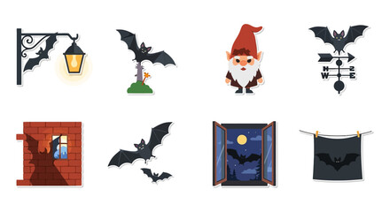 Halloween elements stickers bats gnome window weather vane and light post for autumn decoration and scary theme graphic resources art  design.