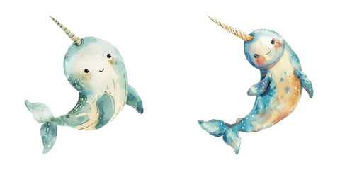 cute narwhal watercolor vector illustration © Dar