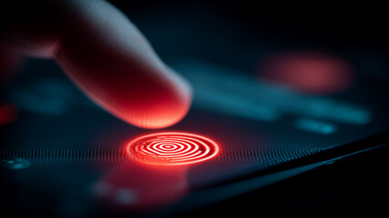 A detailed emergency action concept depicted with a finger pressing an illuminated touch target on a control surface, symbolizing critical confirmation, alert acknowledgment