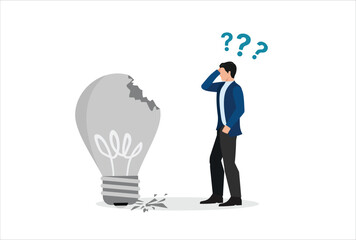 icon work concept vector template design element Failed idea, looking for a solution to the cause of business failure, confused businessman looking at a broken idea light bulb.