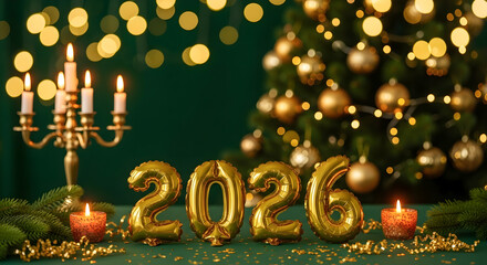 Golden 2026 New Year celebration with festive candles and sparkling decor