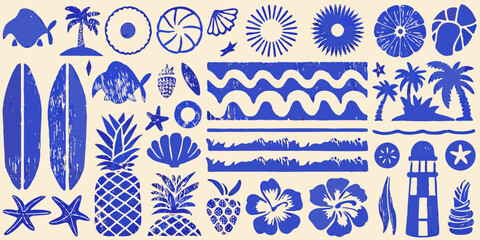 Collection of blue tropical summer icons and patterns on a beige background