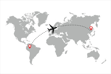 plane icon vector design element template Traveling Around the World Travel by Airplane - World Map Design with Plane Flying in an Intercontinental Route to the Destination