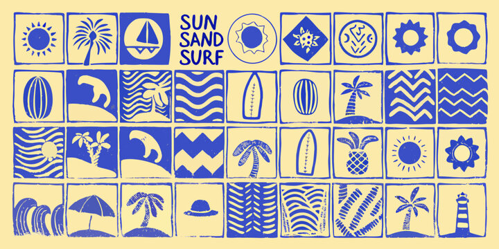 Collection of blue and yellow summer beach icons and symbols in a grid pattern