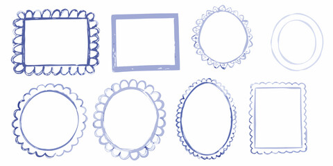 Collection of hand drawn blue watercolor frames and borders in various shapes and styles