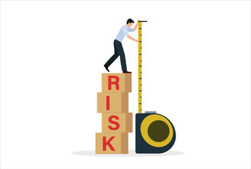 Risk assessment, analyze potential danger level, measure money loss acceptable for investing, control or limit loss concept, businessman investor stand on stack of risk boxes measure his assessment