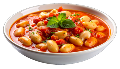 A close-up of a bean stew featuring plump beans, diced tomatoes, and fresh mint leaves in a white bowl, immersed in a rich, red broth.