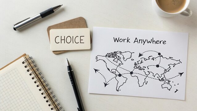Inspiring Concept of Remote Work with World Map and Choice Card on Desk with Coffee and Stationery for Digital Nomad Lifestyle