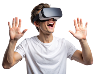 Young Man Wearing Virtual Reality Glasses Looking Up, Excited Expression, Isolated on Transparent Background