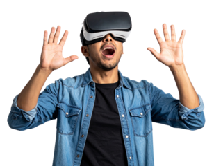 Young Man Wearing Virtual Reality Glasses Looking Up, Excited Expression, Isolated on Transparent Background