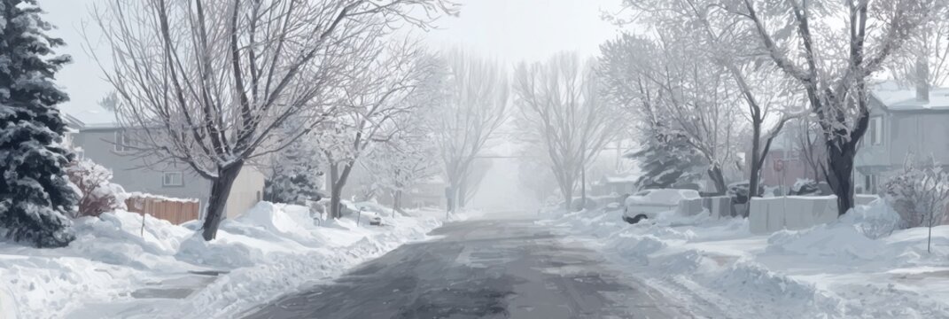 Quiet snowy street in a suburban area, covered in fresh snow, with trees and houses barely visible in the winter fog creating a serene atmosphere.