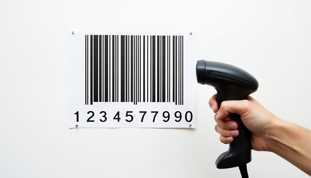 Hand holding black scanner reading barcode on white wall scanning