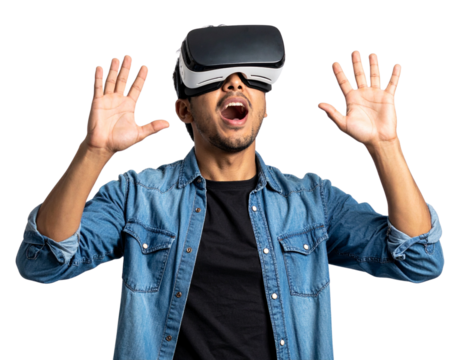 Young Man Wearing Virtual Reality Glasses Looking Up, Excited Expression, Isolated on Transparent Background - Powered by Adobe