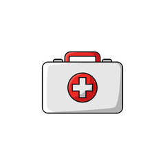 A cartoon illustration depicting a closed, white first aid kit with a red cross symbol.