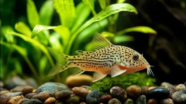 Detailed close up of a spotted corydoras catfish in an aquarium