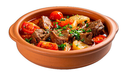 A savory beef stew features tender meat chunks, bright red tomatoes, and soft potatoes, garnished with fresh green parsley in a terracotta bowl.