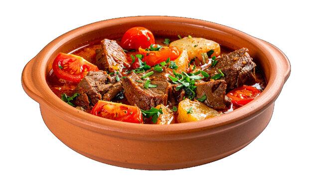 A savory beef stew features tender meat chunks, bright red tomatoes, and soft potatoes, garnished with fresh green parsley in a terracotta bowl.