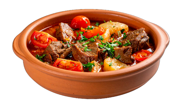 A savory beef stew features tender meat chunks, bright red tomatoes, and soft potatoes, garnished with fresh green parsley in a terracotta bowl.