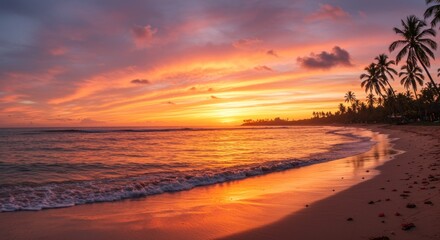 Tropical beach at sunset with palm trees and vibrant sky